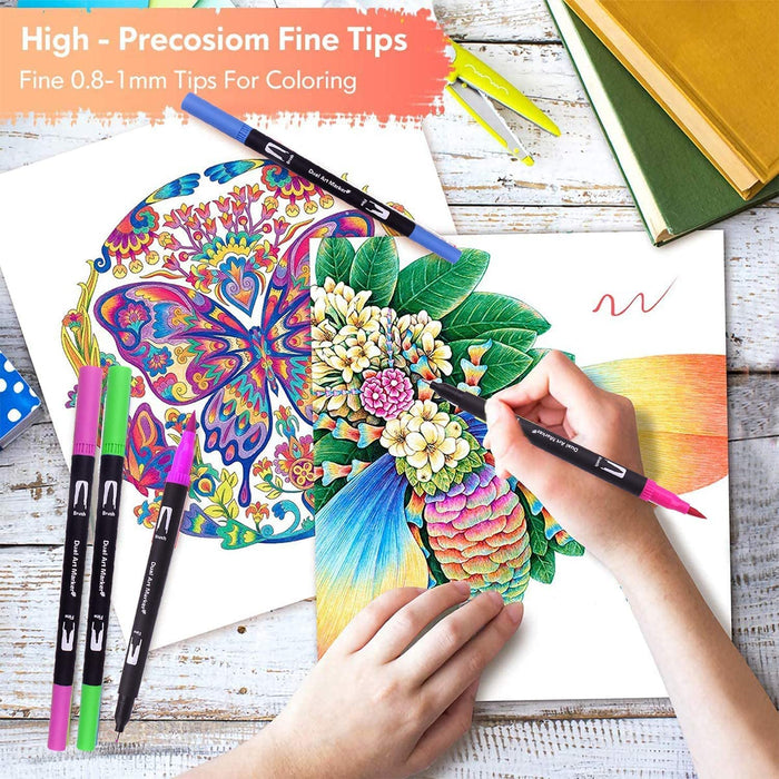 132 Colouring Pens Dual Fineliner Brush Tip Pens Art Markers for Calligraphy Colouring