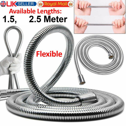 Unique 1.5m, 2m, 2.5m Stainless Steel Flexible Bathroom Bath Shower Hose Pipe Washer UK