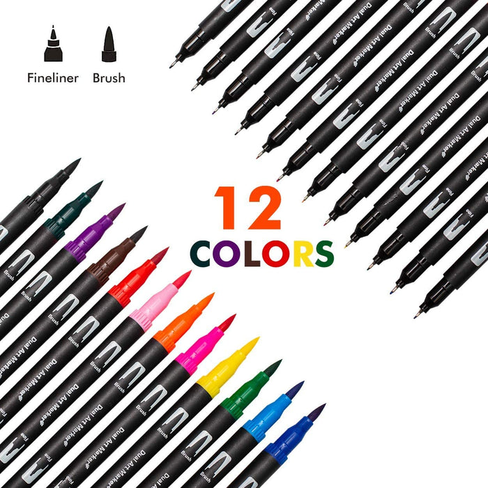12 Felt Tip Coloured Art Pens for Adults, Kids Markers for Calligraphy